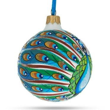 3D Glass Pearlised White Peacock Bauble Christmas Decoration Glitter Tree Disc
